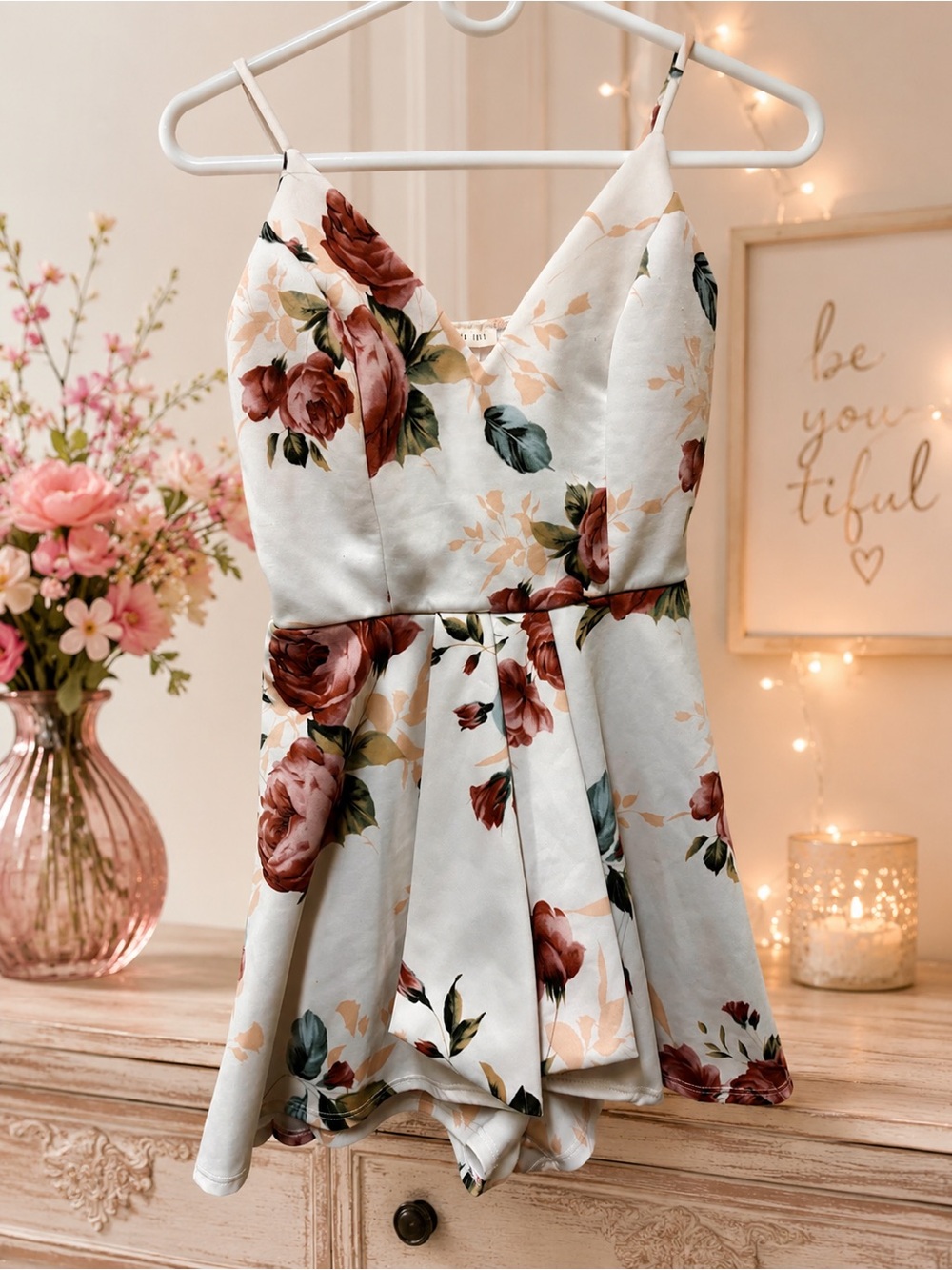 Floral V-Neck Sleeveless Romper in Cream with Rose Print Medium